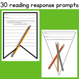 Rectangle and triangle shapes with book review writing prompt and pencils, and text: 30 reading response prompts.