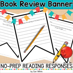 3 review prompts for book review writing with a pencil and pennant banner.