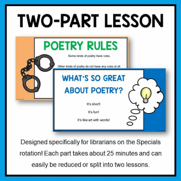 Poetry Rules & What's So Great About Poetry Slides. Says Two-Part Lesson Designed specifically for librarians on the Specials rotation! Each part takes about 25 minutes and can easily be reduced or split in two two lessons.