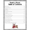 Table of contents list of items and page numbers, with clip art ant on bottom.