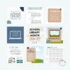 Product contents including social media templates, planning calendar, weekly theme, and time-saving tips.