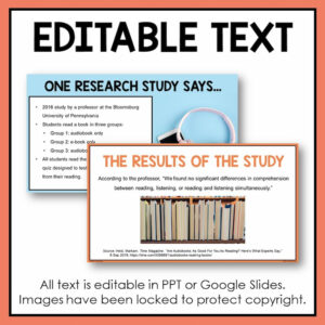 Editable Text title above screenshots of One Research Study Says and The Results of The Study slides. All text is editable in PPT or Google Slides. Images have been locked to protect copyright.