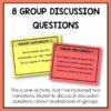 2 discussion questions printed on brightly colored paper below 8 group discussion questions title. This is one activity, but I've included two variations. Students discuss 8 discussion questions about audiobooks in groups.