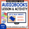 Photo of book wearing headphones on monitor with promote audiobooks in your library on bottom. Audiobooks lesson & activity text with photos of discussion questions printed on brightly colored paper.