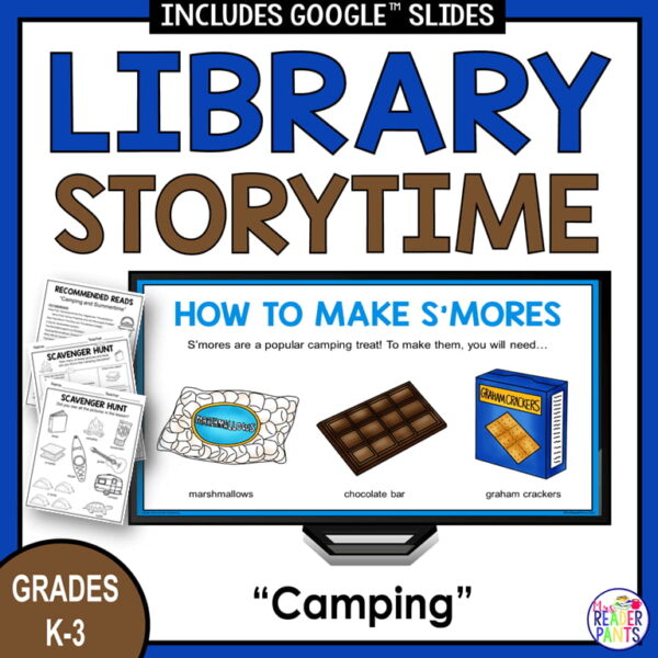 How to Make S'Mores slide on monitor with Recommended Reads and Scavenger Hunt printables, Grades K-3 text.