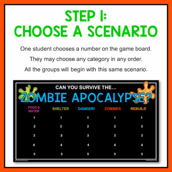 Step 1: Choose a Scenario with screenshot of game board. One students chooses a number on the game board in any category in any order.