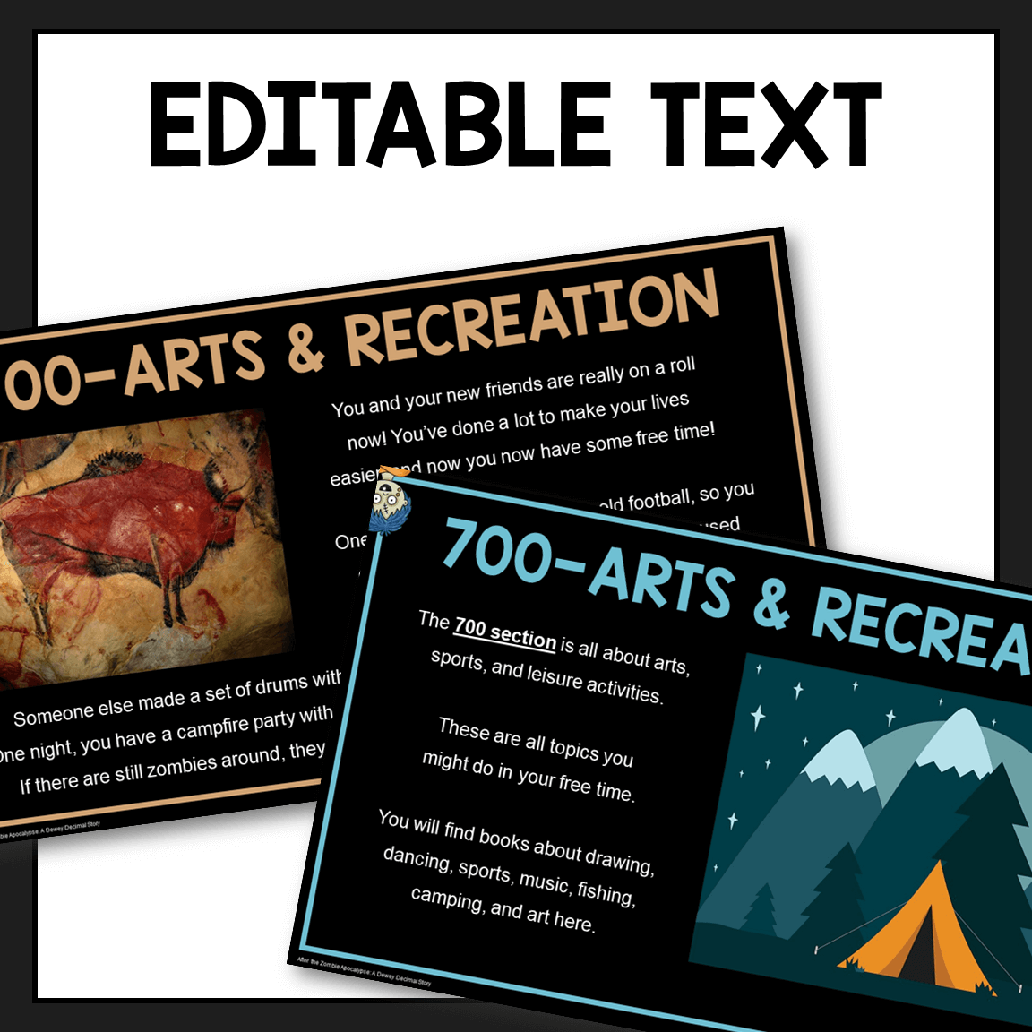 700's Dewey Arts & Recreation slides with text: Editable text.