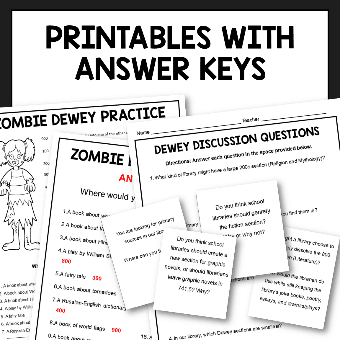 Dewey practice worksheets, questions, and task cards with text: Printables with answer keys.
