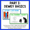Part I: Dewey Basics with 2 call number slide screenshots. The first lesson (Part I) takes about 20 minutes.
