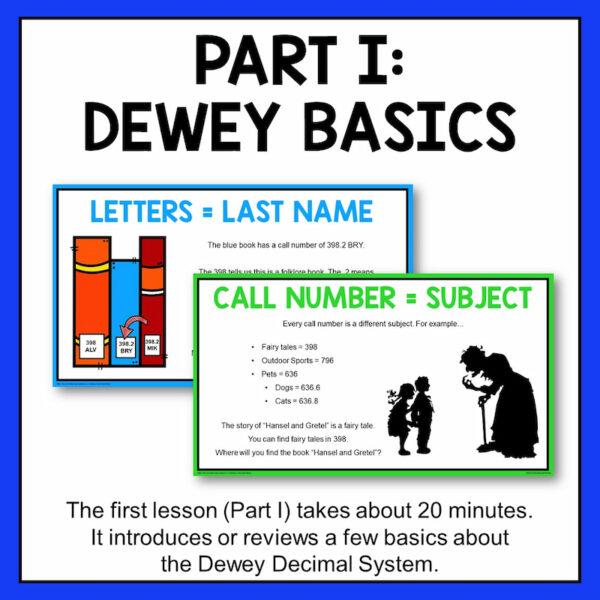 Part I: Dewey Basics with 2 call number slide screenshots. The first lesson (Part I) takes about 20 minutes.