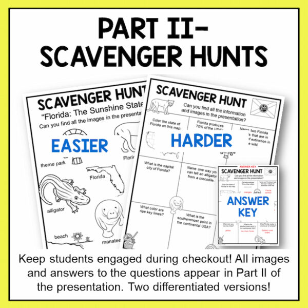 Part II - Scavenger Hunts with screenshots of printables labeled easier, harder and answer key. All images and answers the questions appear in Part II of the presentation.