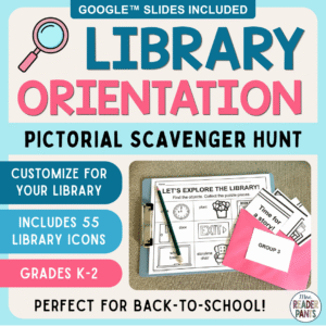 Picture scavenger hunt on clipboard with text: Customize for your library; includes 55 library icons; Grades K-2.
