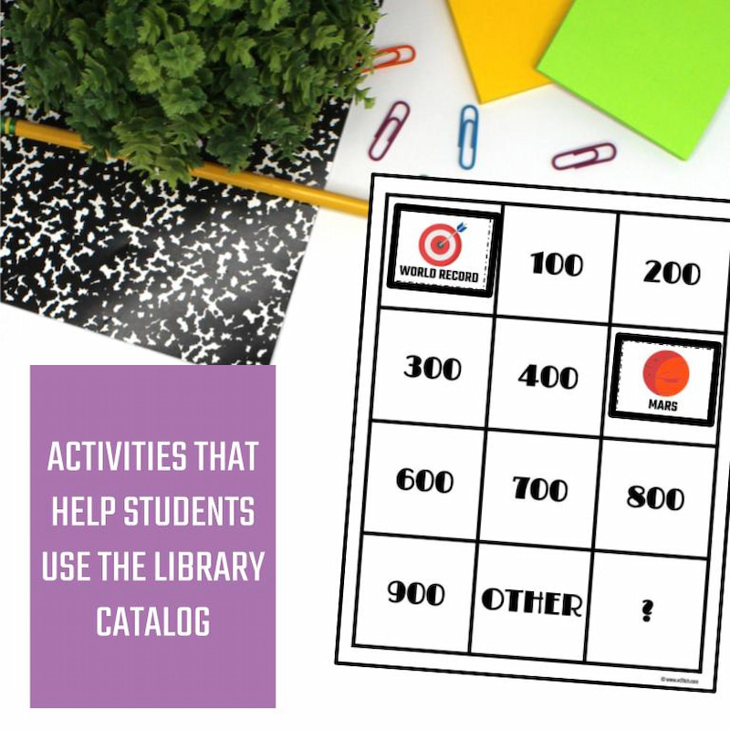 Activities that help students use the library catalog text with printable activity board.