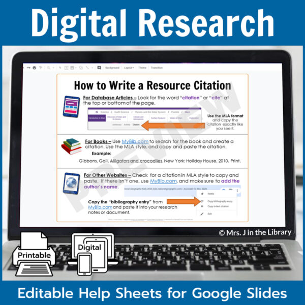 Digital Google Slides of student help sheets for writing a citation.