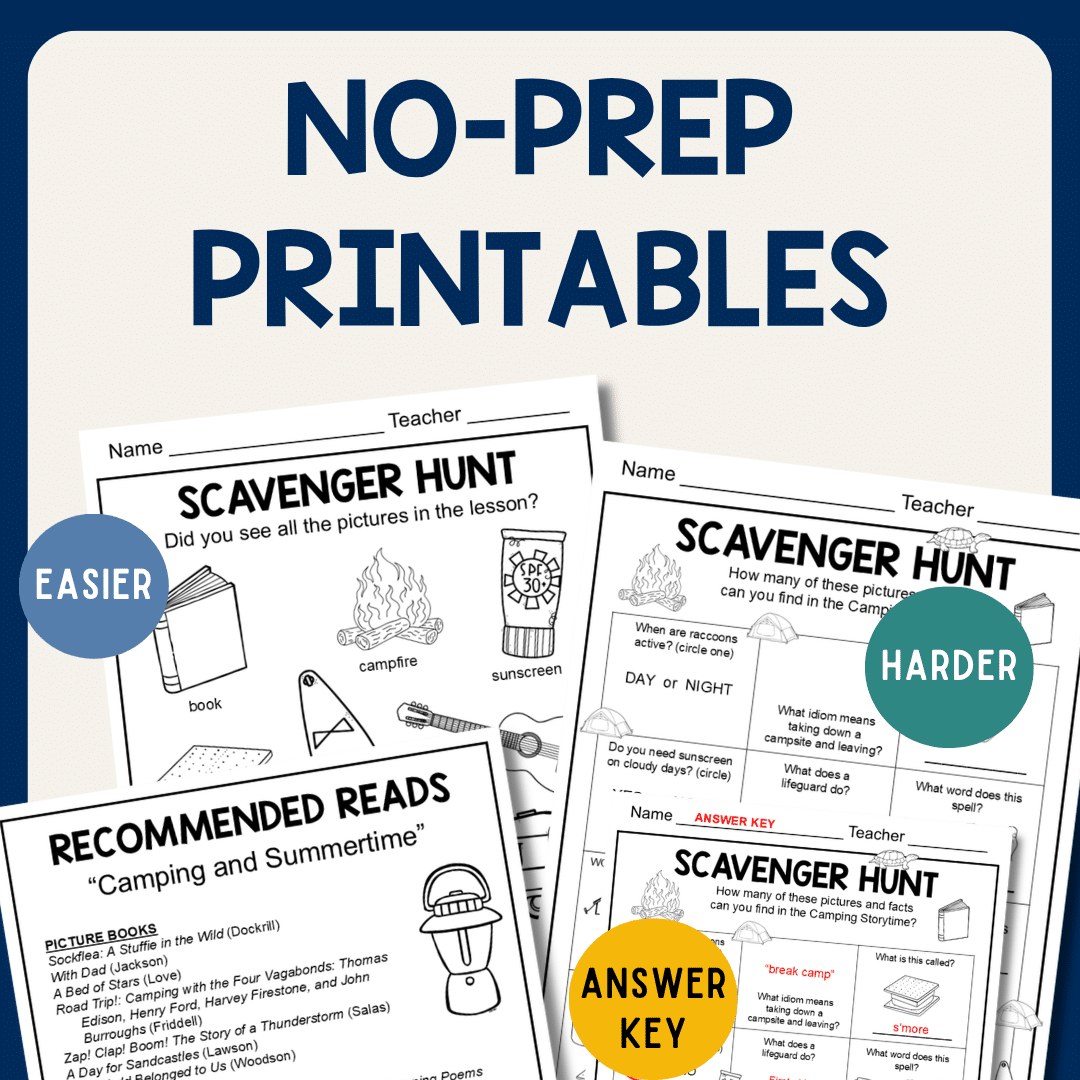 Easier and harder scavenger hunts and recommended reads sheets with text: No-prep printables.