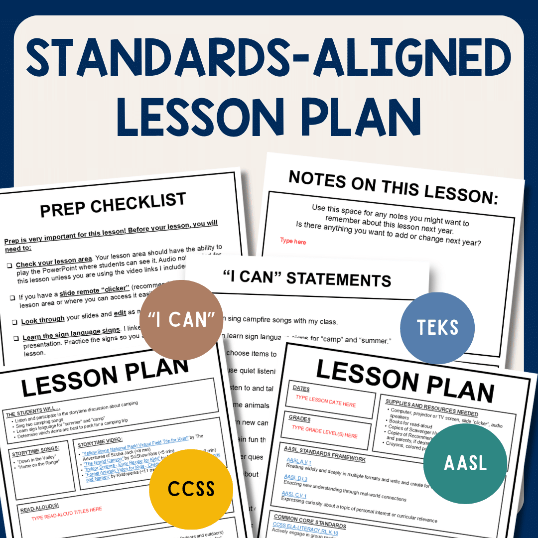 Standards-based lesson plan with text: "I Can", CCSS, AASL, and TEKS.
