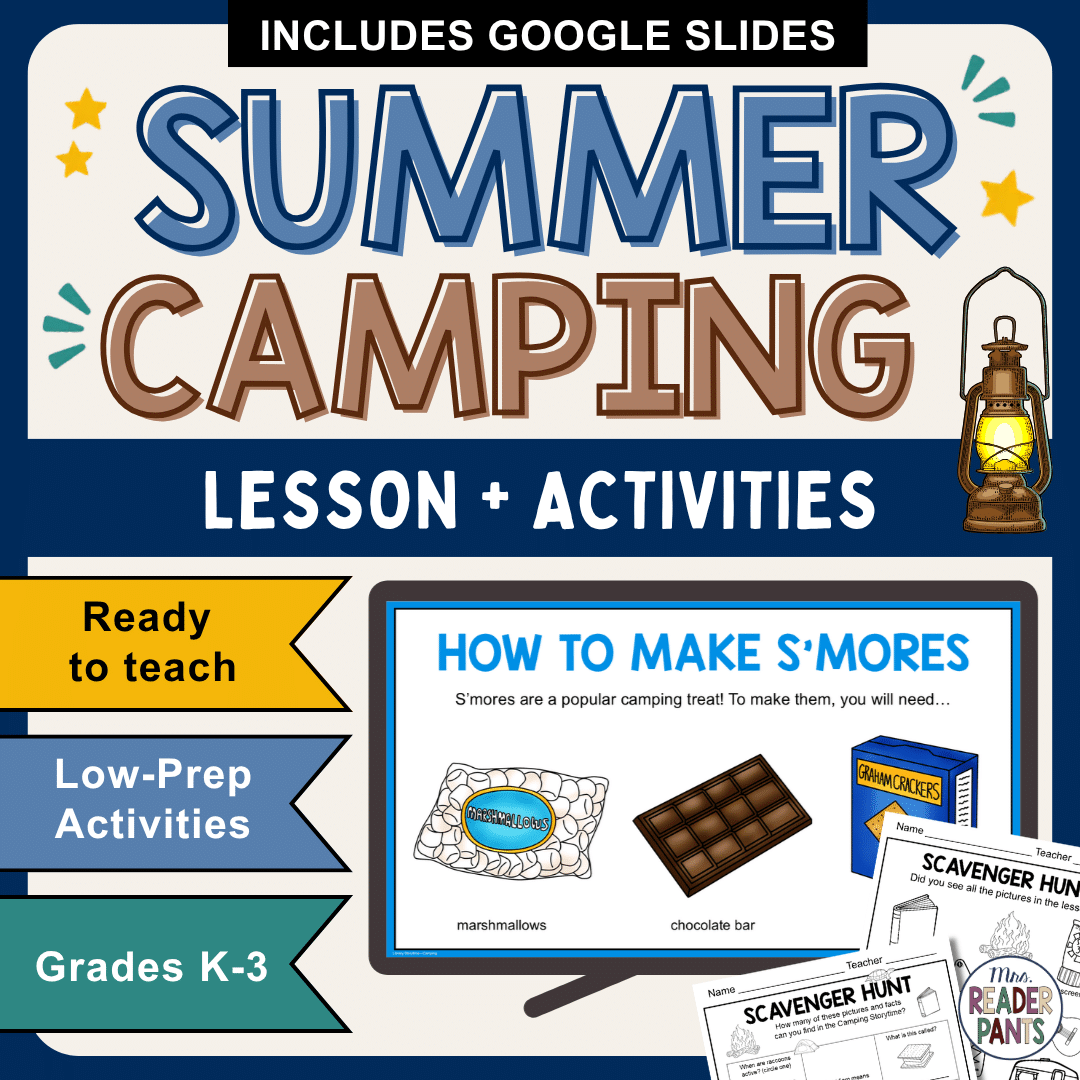 How to Make S'Mores slide on monitor with Recommended Reads and Scavenger Hunt printables, Grades K-3 text.