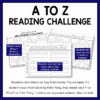 A to Z Reading Challenge above screenshots of display poster, personal poster and log. Students color letters as they finish books. Letters can represent authors, titles, or both.