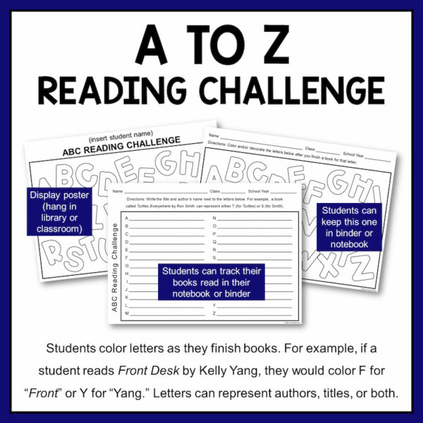 A to Z Reading Challenge above screenshots of display poster, personal poster and log. Students color letters as they finish books. Letters can represent authors, titles, or both.