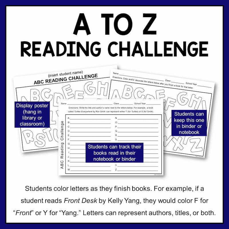 A to Z Reading Challenge above screenshots of display poster, personal poster and log. Students color letters as they finish books. Letters can represent authors, titles, or both.