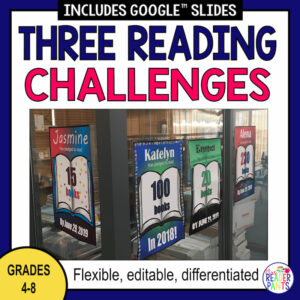 Three Reading Challenges above photo of challenge posters on display. Grades 4-8 flexible, editable, differentiated.