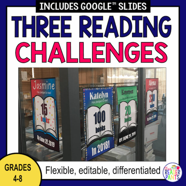 Three Reading Challenges above photo of challenge posters on display. Grades 4-8 flexible, editable, differentiated.