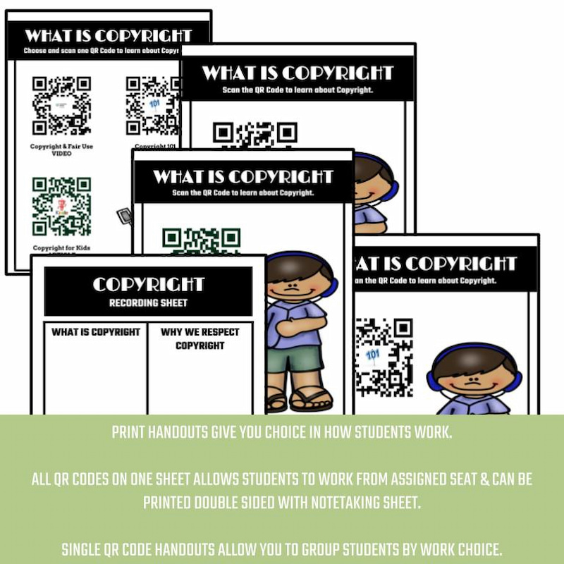 Screenshots of five copyright handouts with directions how to use them.