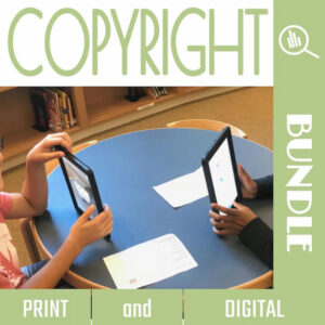Copyright Bundle Print and Digital. Photo of two children holding iPads at a table.