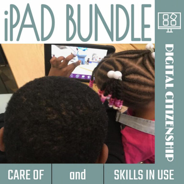 iPad Bundle Care of and Skills in Use Digital Citizenship. Photo of two children using iPad.