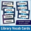 Vocabulary cards for citation, article, reliable, renew, scanner, shelf marker, ebook, and genre with text: 3 different designs, all text is editable.