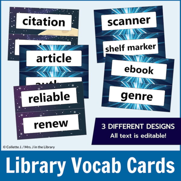 Vocabulary cards for citation, article, reliable, renew, scanner, shelf marker, ebook, and genre with text: 3 different designs, all text is editable.