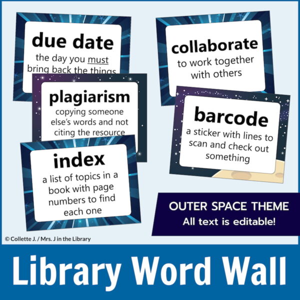 Full-page words and definitions for due date, plagiarism, index, collaborate, and barcode with text: Outer Space Theme, all text is editable.