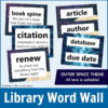 Full-page words and definitions for book spine, citation, renew; vocabulary cards for article, author, database, and due date with text: Outer Space Theme, all text is editable.
