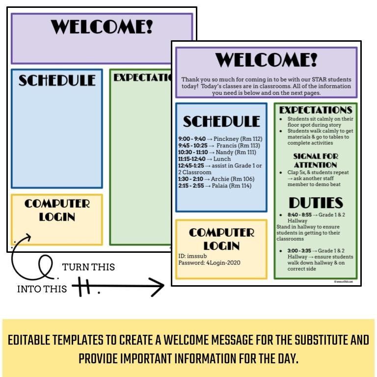 Blank template and filled in example for welcome sheet with text: Editable templates to create a welcome message for the substitute and provide important information for the day.