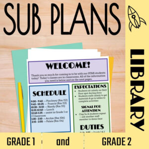 Welcome, schedule, and expectations sheet for Grade 1 and Grade 2 library sub plans.