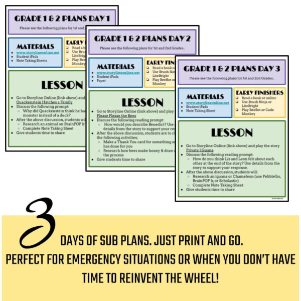 Grades 1 & 2 library sub plans for 3 days with text: Just print and go; Perfect for emergency situations or when you don't have time to reinvent the wheel!