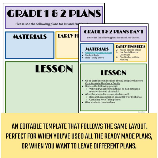 Blank lesson template and Grades 1 & 2 library sub plans for Day 1 with text: an editable template that follows the same layout; Perfect for when you've used all the ready made plans, or when you want to leave different plans.