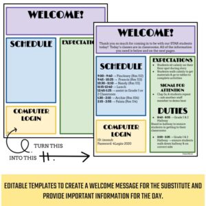 Blank template and filled in example for welcome sheet with text: Editable templates to create a welcome message for the substitute and provide important information for the day.