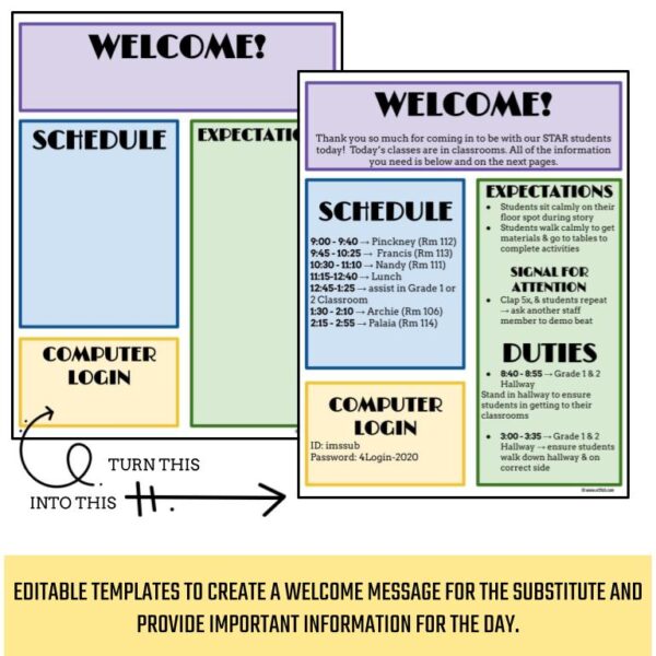 Blank template and filled in example for welcome sheet with text: Editable templates to create a welcome message for the substitute and provide important information for the day.