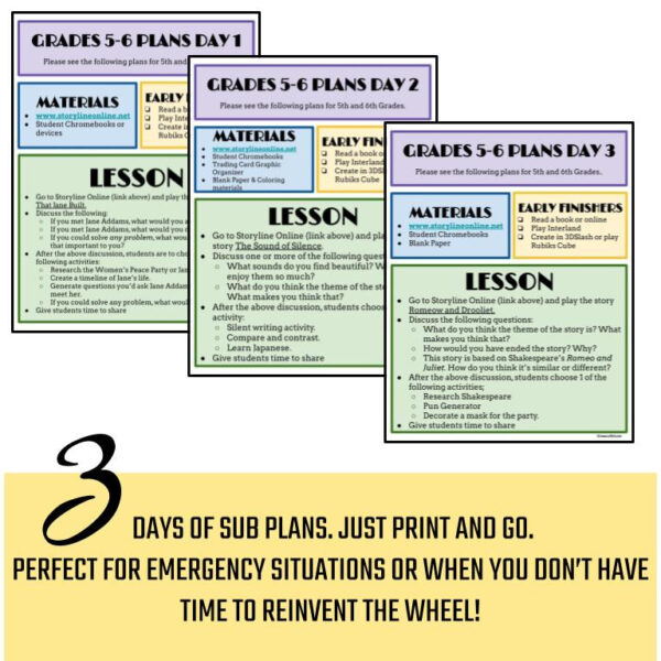 Grades 5 & 6 library sub plans for 3 days with text: Just print and go; Perfect for emergency situations or when you don't have time to reinvent the wheel!