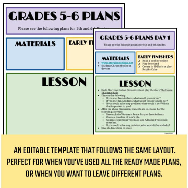Blank lesson template and Grades 5 & 6 library sub plans for Day 1 with text: an editable template that follows the same layout; Perfect for when you've used all the ready made plans, or when you want to leave different plans.