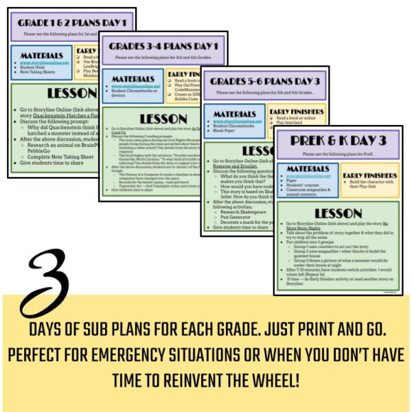 PreK through 6th grade library sub plans for 3 days with text: Just print and go; Perfect for emergency situations or when you don't have time to reinvent the wheel!