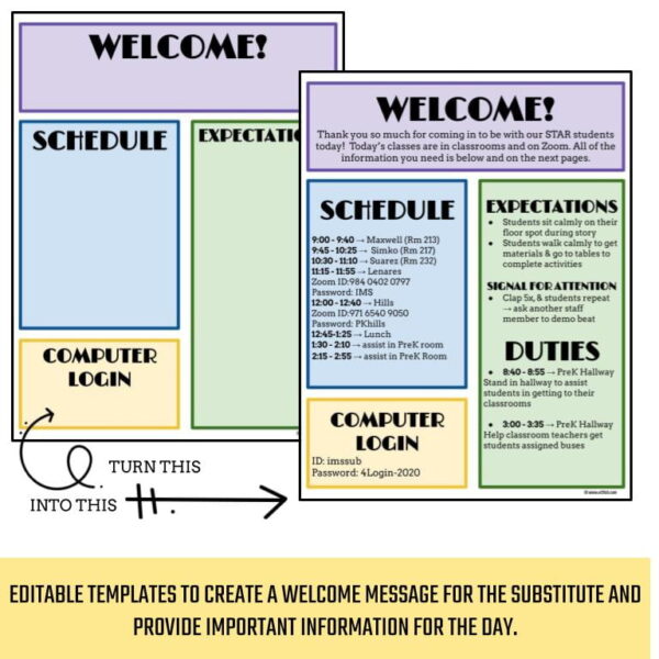 Blank template and filled in example for welcome sheet with text: Editable templates to create a welcome message for the substitute and provide important information for the day.