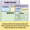 Blank lesson template and PreK library sub plans for Day 3 with text: an editable template that follows the same layout; Perfect for when you've used all the ready made plans, or when you want to leave different plans.