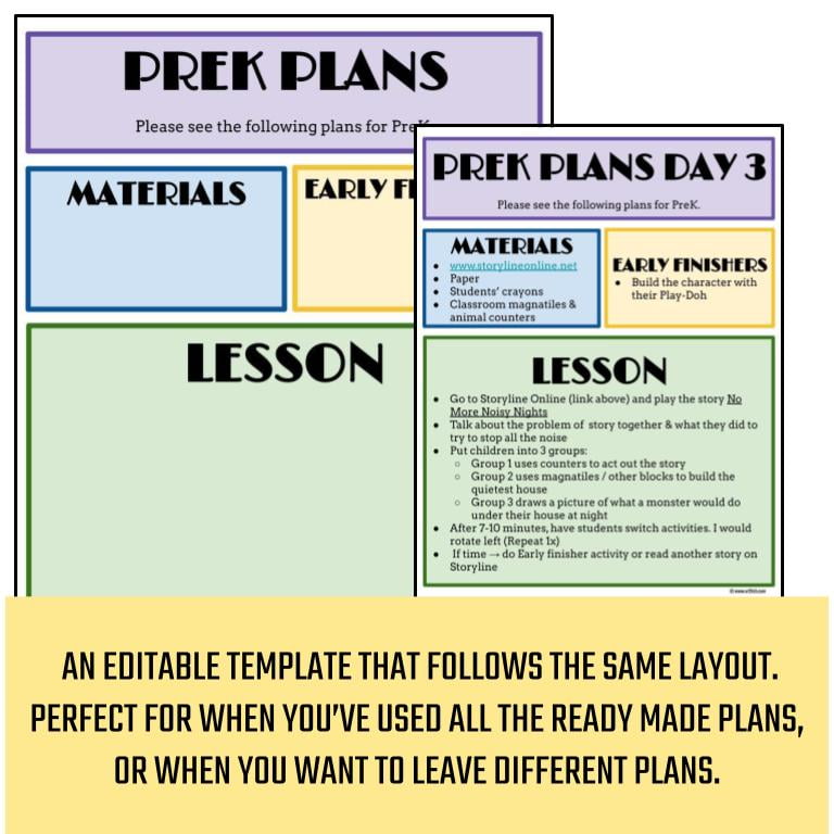 Blank lesson template and PreK library sub plans for Day 3 with text: an editable template that follows the same layout; Perfect for when you've used all the ready made plans, or when you want to leave different plans.