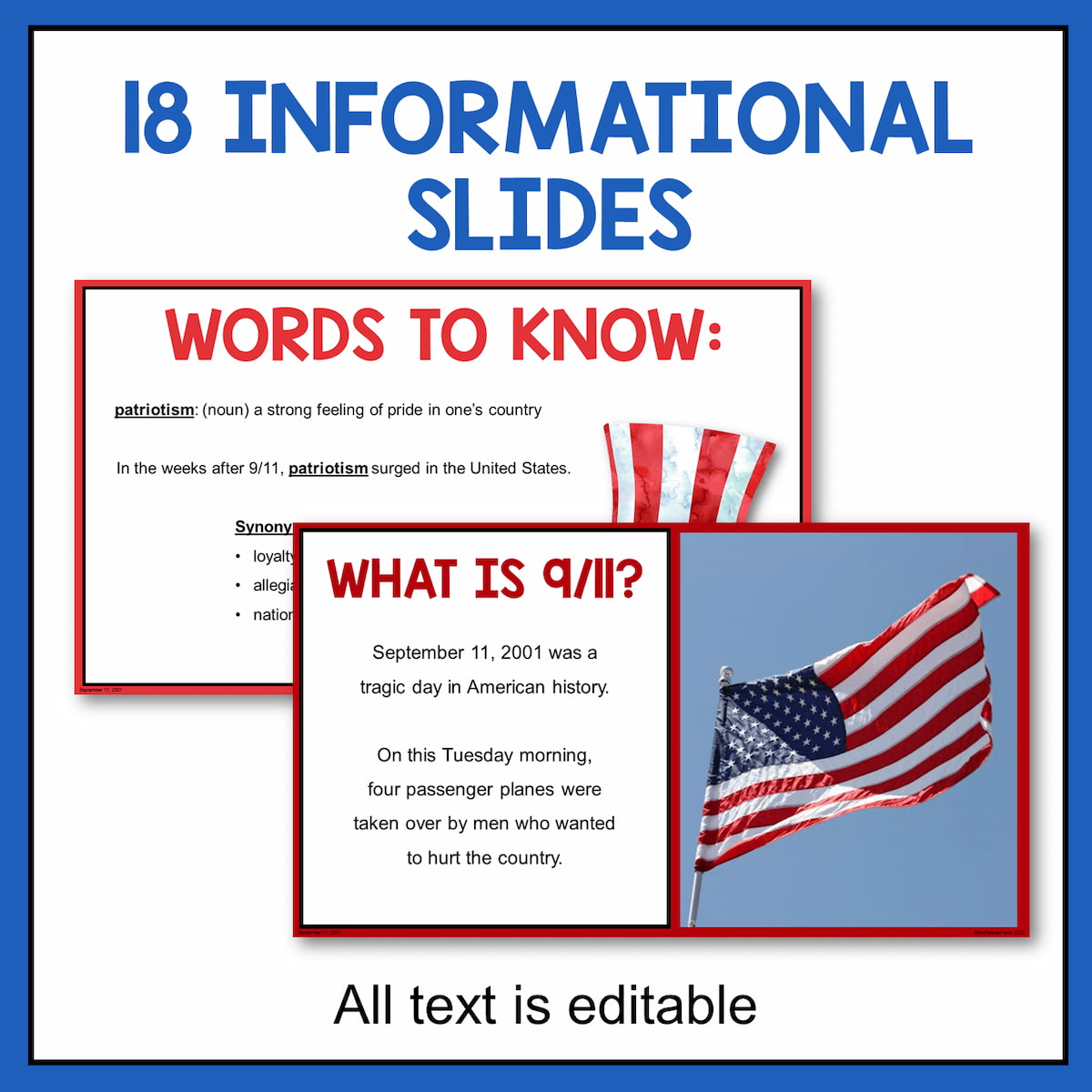 18 Informational Slides with screenshot of Words to Know and What is 9/11 Slides. All text is editable.