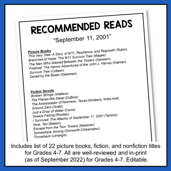 Screenshot of Recommended Reads. Includes list of 22 picture books, fiction, and nonfiction titles for Grades 4-7. All are well-reviewed and in-print (as of September 2022) for Grades 4-7. Editable.