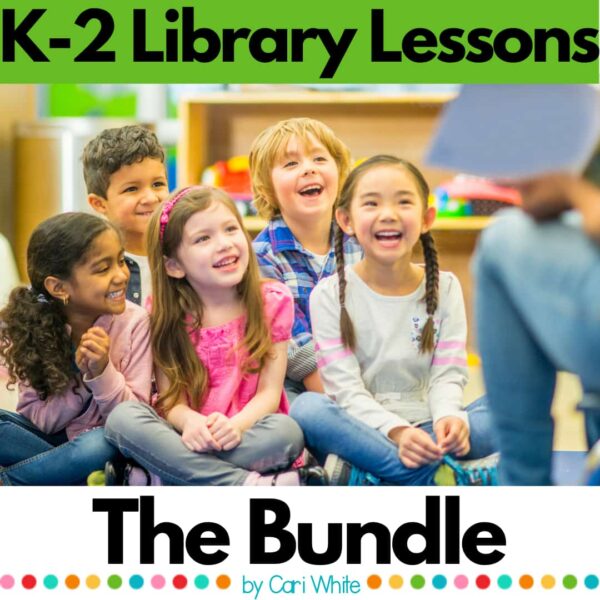 Students in school library smiling at librarian reading a story book with text: K-2 Library Lessons, The Bundle, by Cari White.