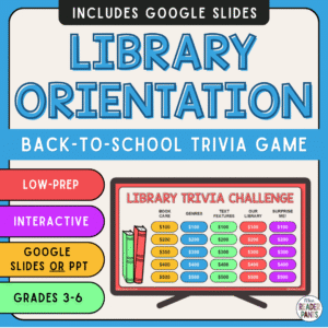 PowerPoint Trivia Game board on monitor with text: low prep, interactive, Google Slides or PowerPoint, grades 3-6.