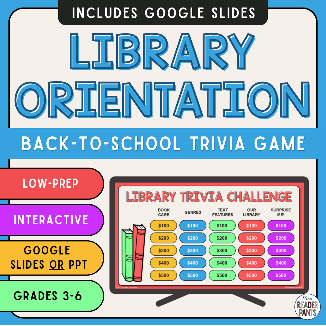 PowerPoint Trivia Game board on monitor with text: low prep, interactive, Google Slides or PowerPoint, grades 3-6.